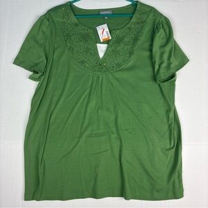 Essentials Women's 2X Shirt Green Embroidered Sequins New Tags Short Sleeve